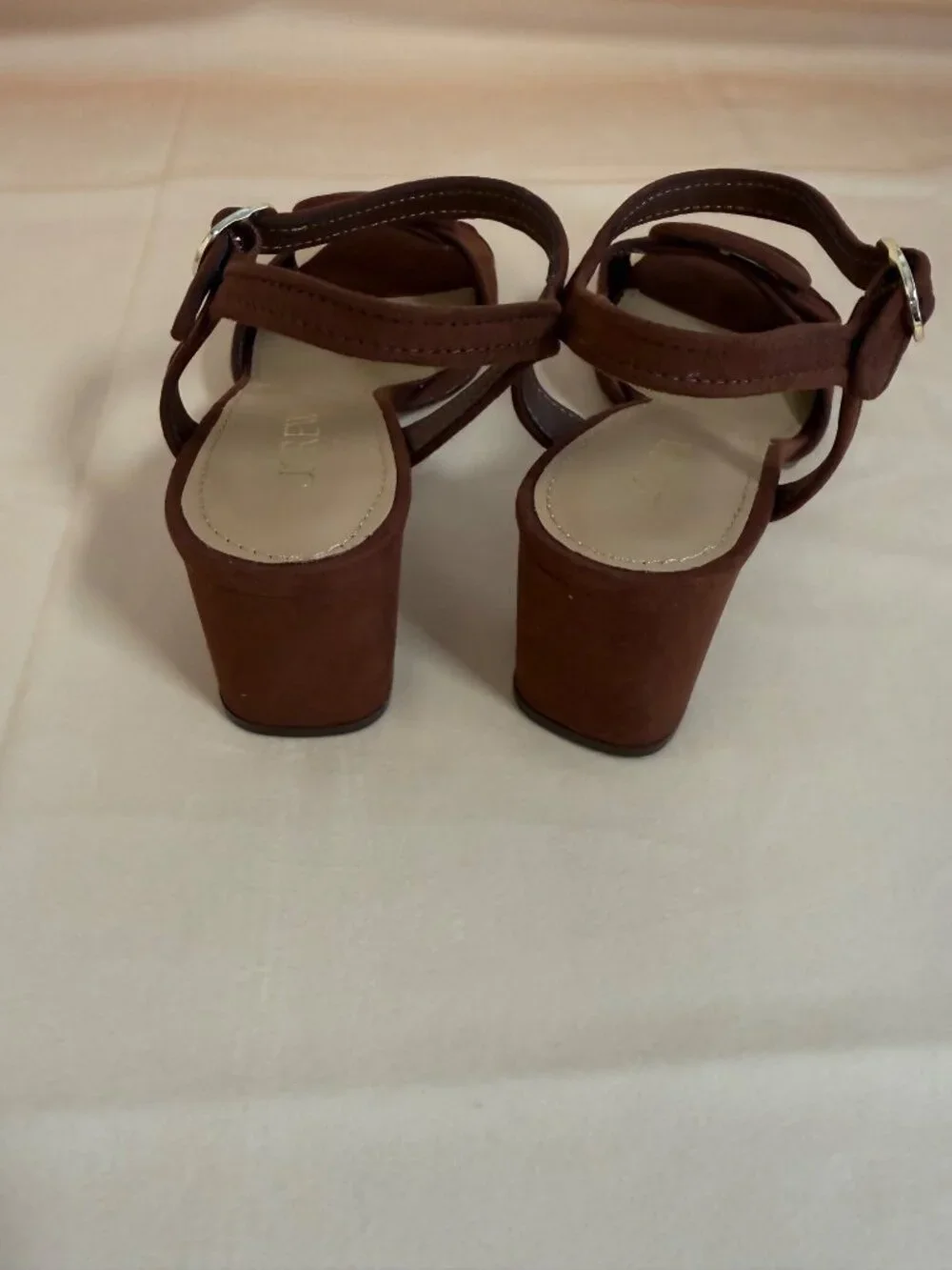 J. Crew Faux-suede buckle heeled sandals stylish comfortable Antique Oak Size 8